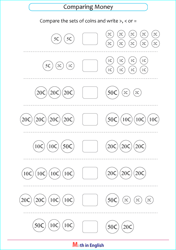 compare sets of Euro coins money worksheet