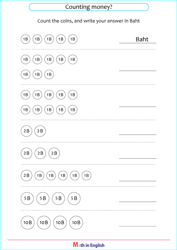 counting Thai Baht coins worksheet