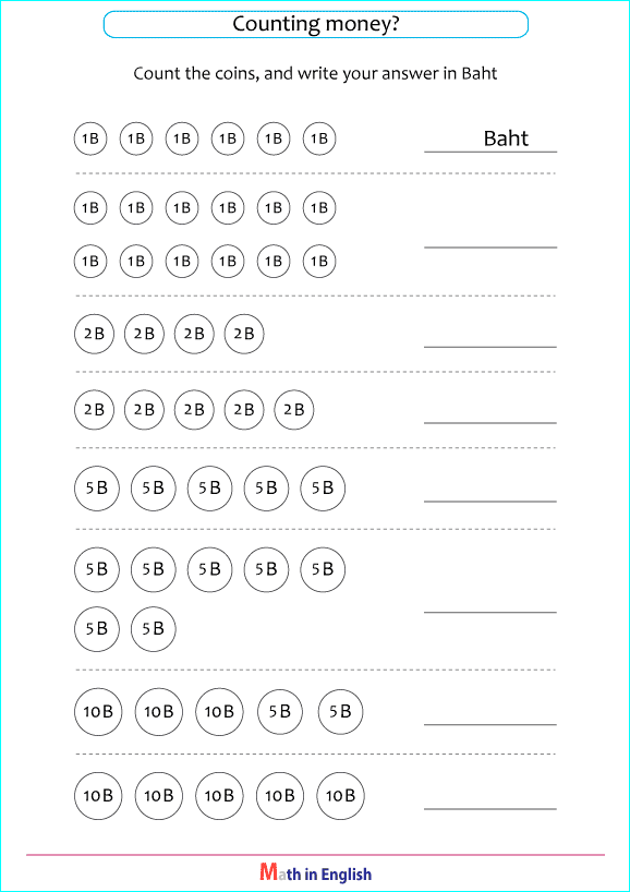 counting Thai Baht coins worksheet