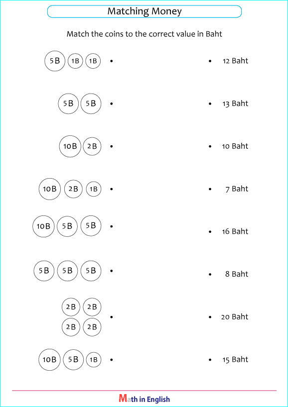 Thai Baht money math worksheet