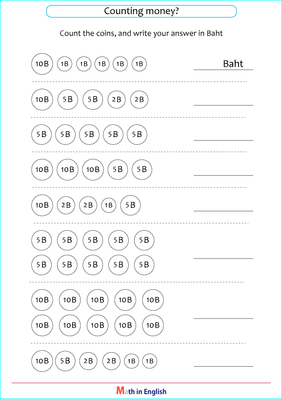 counting Thai Baht coins worksheet