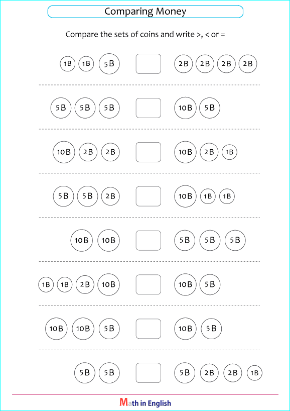 compare sets of Thai Baht coins money worksheet