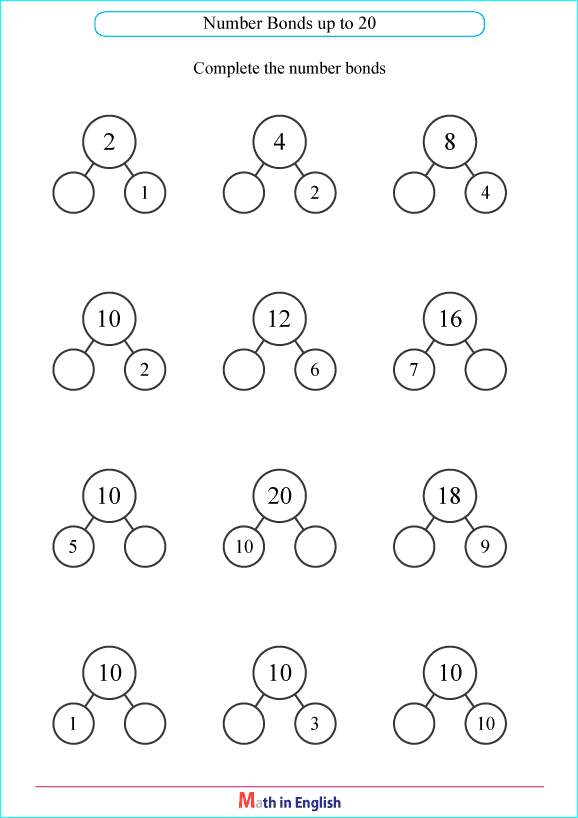 complete the number bonds up to 20 worksheet