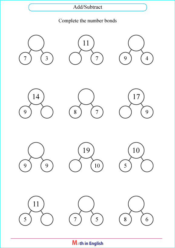 complete the number bonds up to 20 worksheet