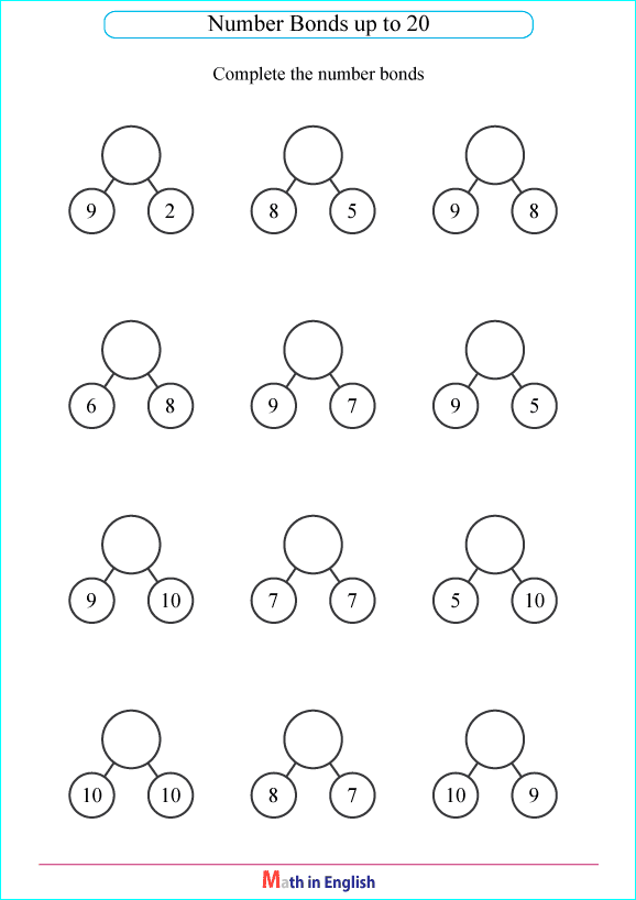 number bonds with a sum up to 20 worksheet