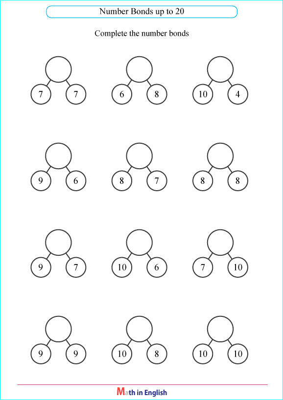 number bonds with a sum up to 20 worksheet