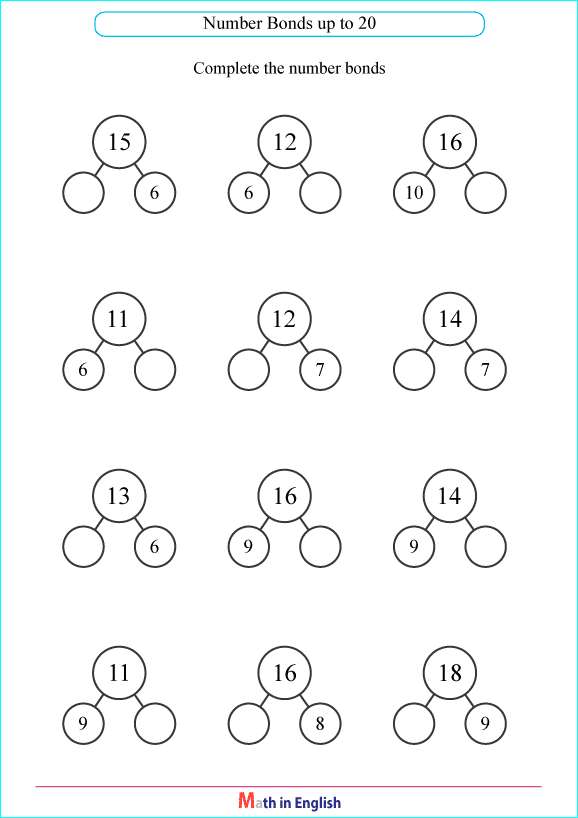 complete the number bonds up to 20 worksheet