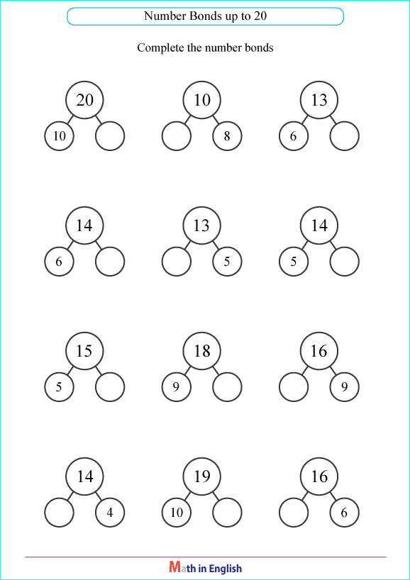 complete the number bonds up to 20 worksheet