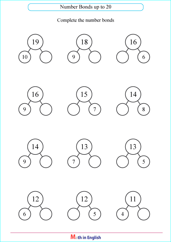 complete the number bonds up to 20 worksheet