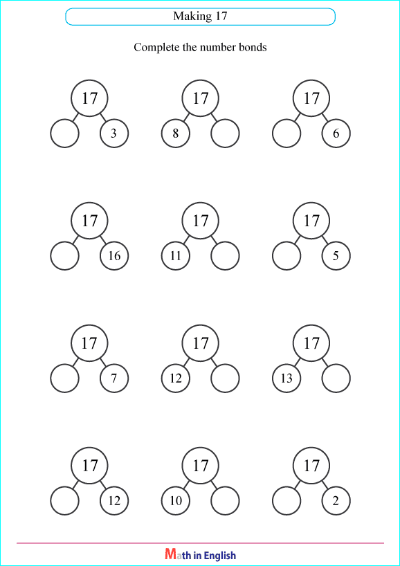 number bonds with a sum of 17 worksheet