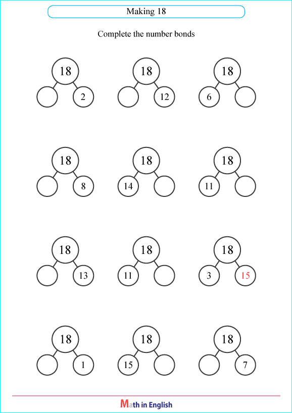 number bonds with a sum of 18 worksheet