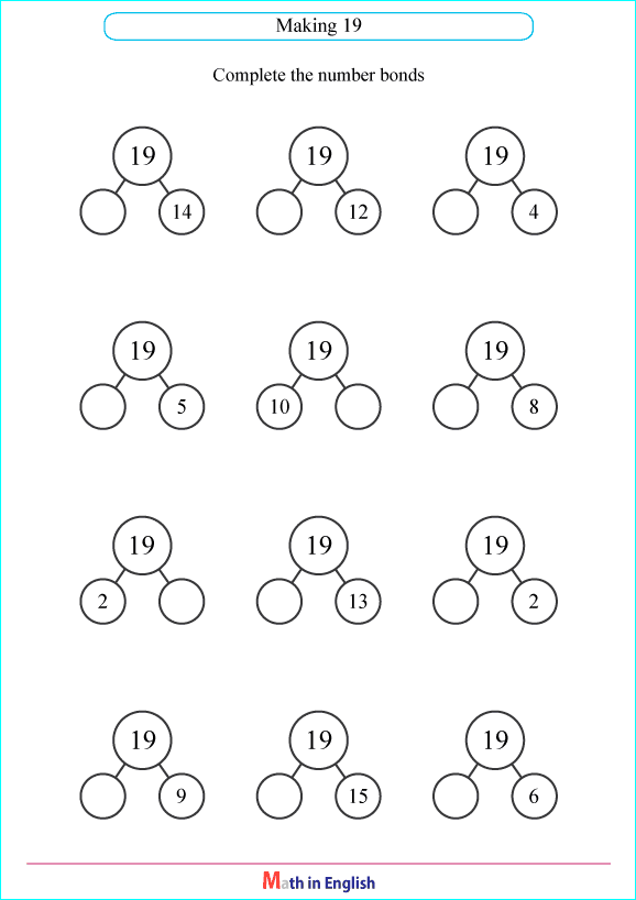 number bonds with a sum of 19 worksheet