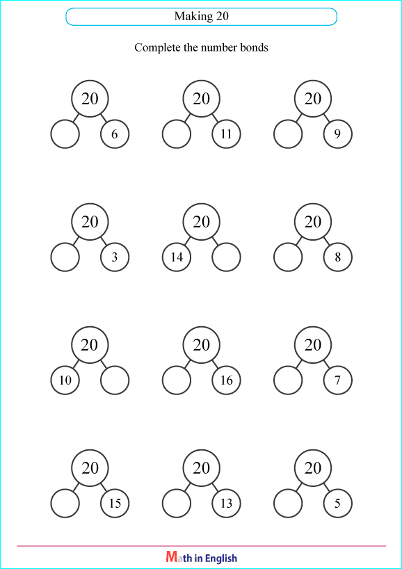 number bonds with a sum of 20 worksheet