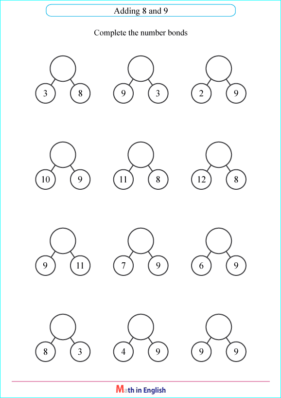 adding 8 or 9 number bond worksheet