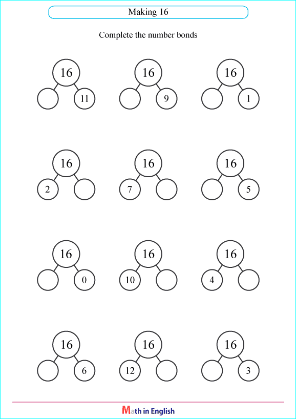 number bonds with a sum of 16 worksheet