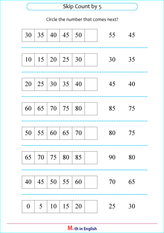 skip counting by 5 next number worksheet
