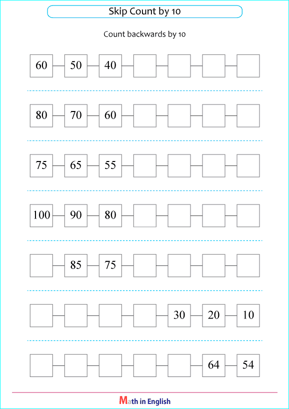 skip count backwards by 10 worksheet