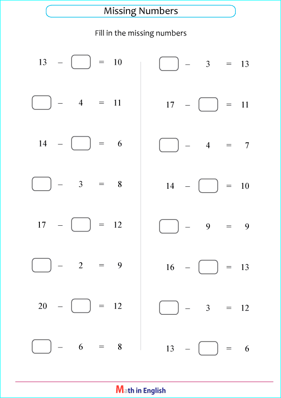 Add And Subtract Within 20 Worksheet Missing Numbers