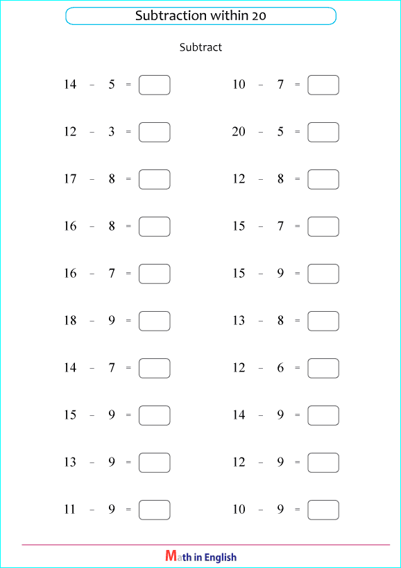 printable math single digit subtraction worksheets for kids in primary and elementary math class 