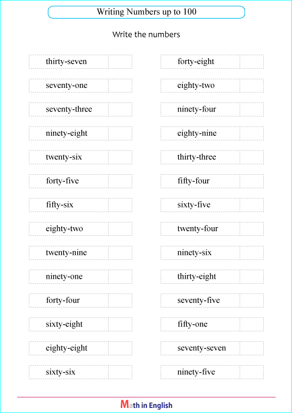 spelling numbers up to 100 worksheet