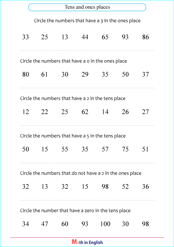 exercises with ones and tens worksheet