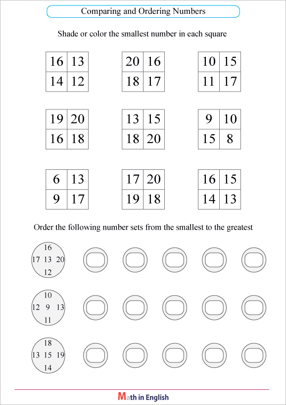 comparing numbers up to 20 worksheet