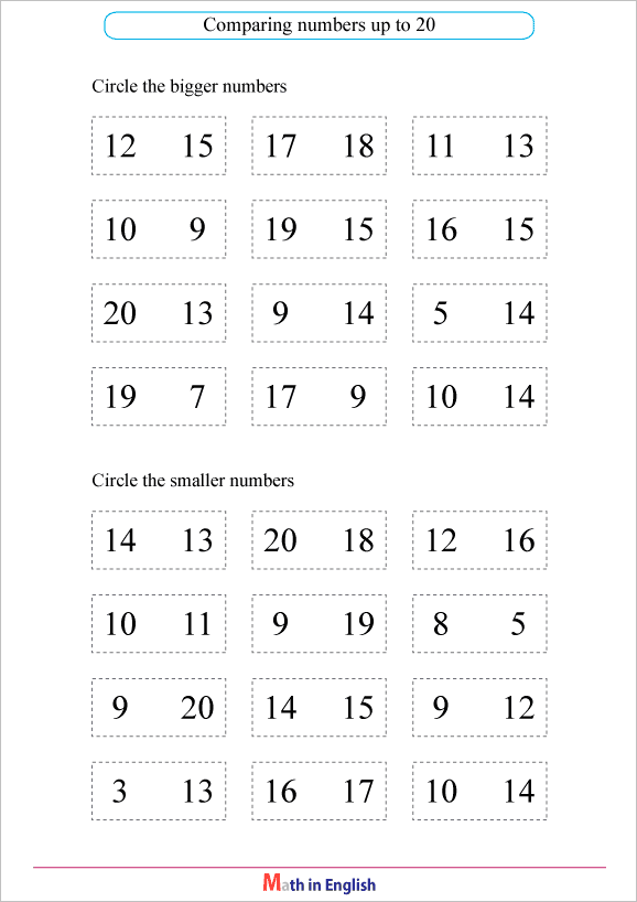 comparing numbers up to 20 worksheet