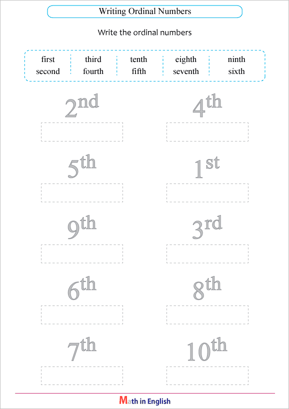 ordinal numbers up to 10th place worksheet