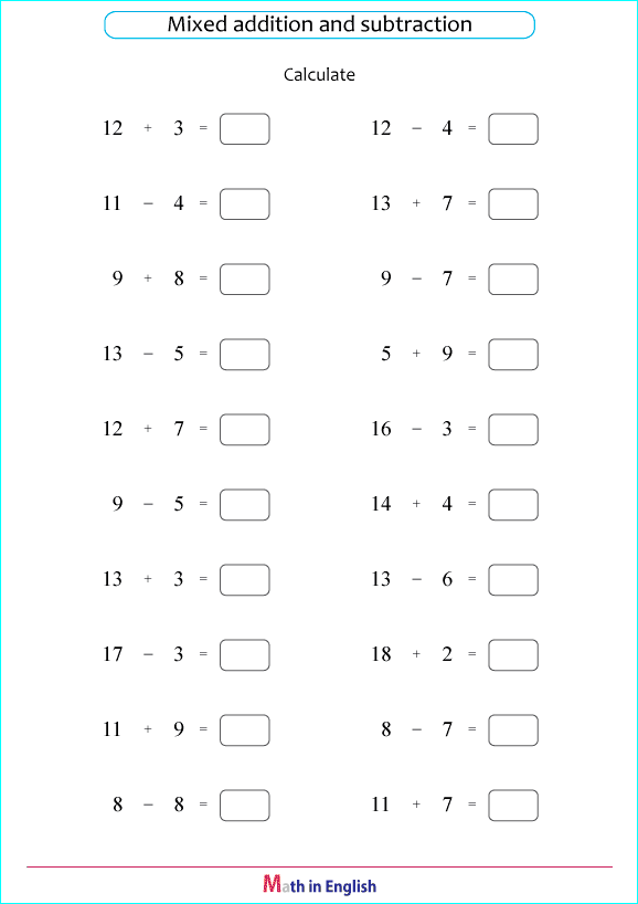 printable math addition subtraction mixed worksheets