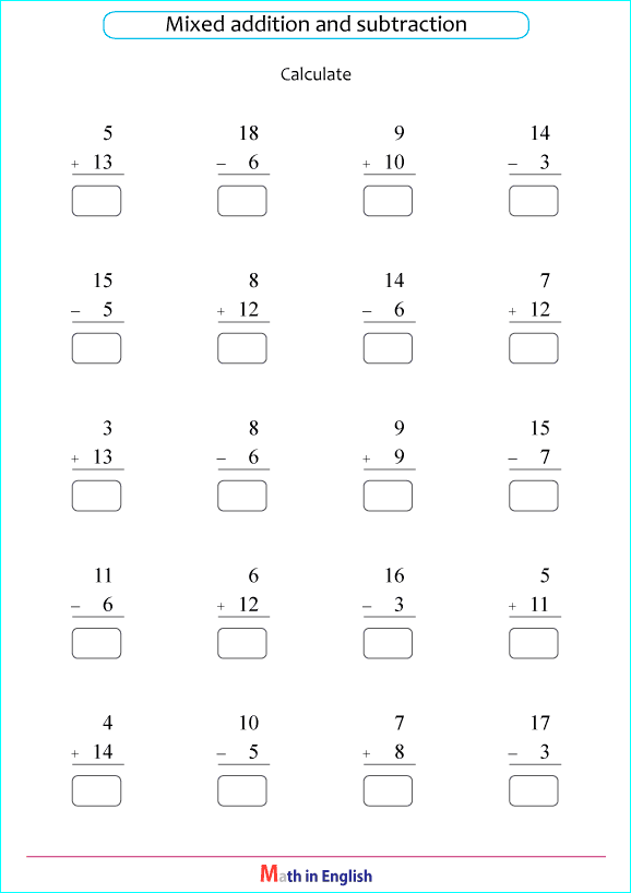 printable math addition subtraction mixed worksheets