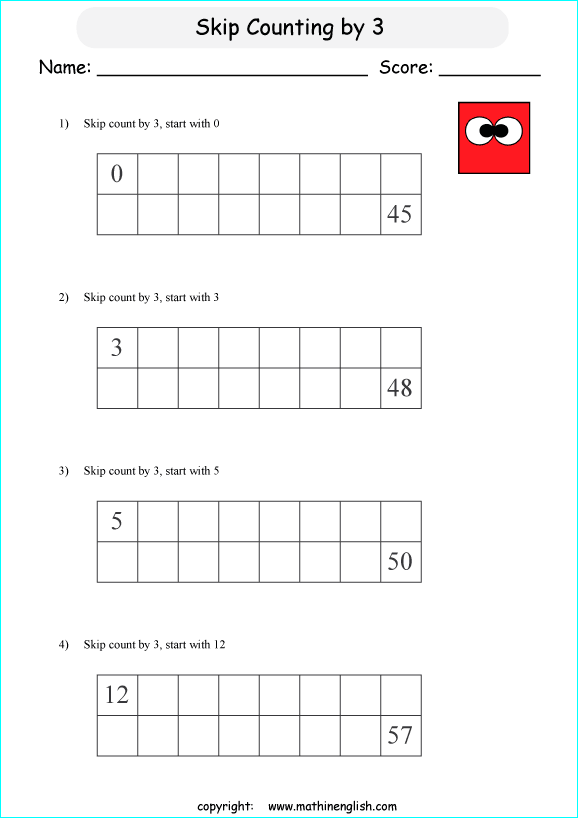 skip count by 3 printable grade 1 math worksheet