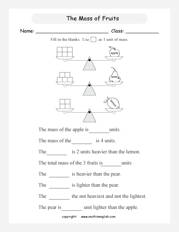 measuring mass worksheets for primary math  