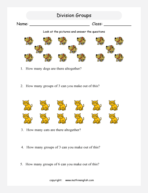 printable math  grouping picture division worksheets for kids in primary and elementary math class 