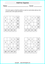 printable math addition squares worksheets