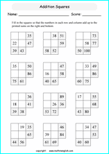 printable math addition squares worksheets