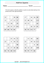 printable math addition squares worksheets