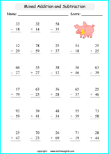 Grade 1 Mixed Addition & Subtraction Up To 100 Math School Worksheets For Primary And Elementary Math Education.