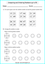 grade 1 comparing and ordering numbers up to 100 math school worksheets for primary and elementary math education