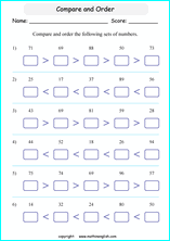 printable math comparing and ordering up to 100 worksheets for kids in primary and elementary math class 