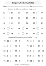 printable math comparing and ordering up to 100 worksheets for kids in primary and elementary math class 