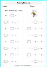 printable math missing numbers subtraction worksheets for kids in primary and elementary math class 