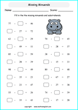 printable math missing numbers subtraction worksheets for kids in primary and elementary math class 