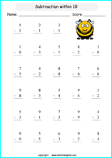 printable math single digit subtraction worksheets for kids in primary and elementary math class 