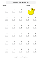 printable math single digit subtraction worksheets for kids in primary and elementary math class 