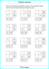 addition boxes with sums up to 20