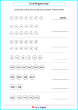 counting Euro cents and coins worksheet