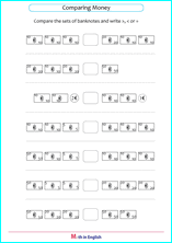 compare sets of Euro banknotes money worksheet