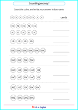 counting Euro cents and coins worksheet