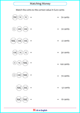 Euro money cents math worksheet