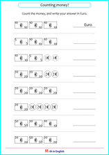 count Euro bills math worksheet